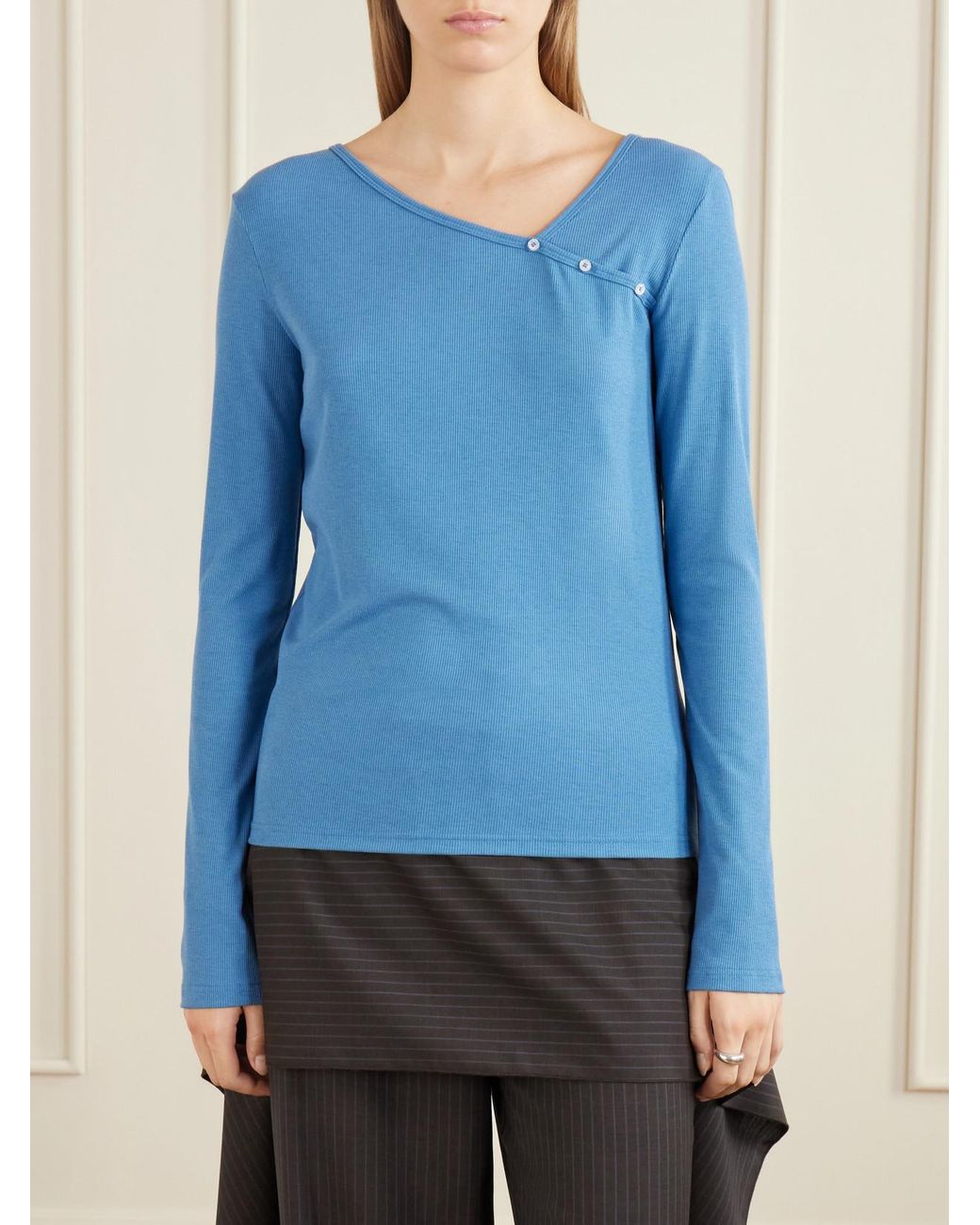 Deiji Studios Blue Button-Detail Ribbed Lyocell And Wool-Blend T-Shirt