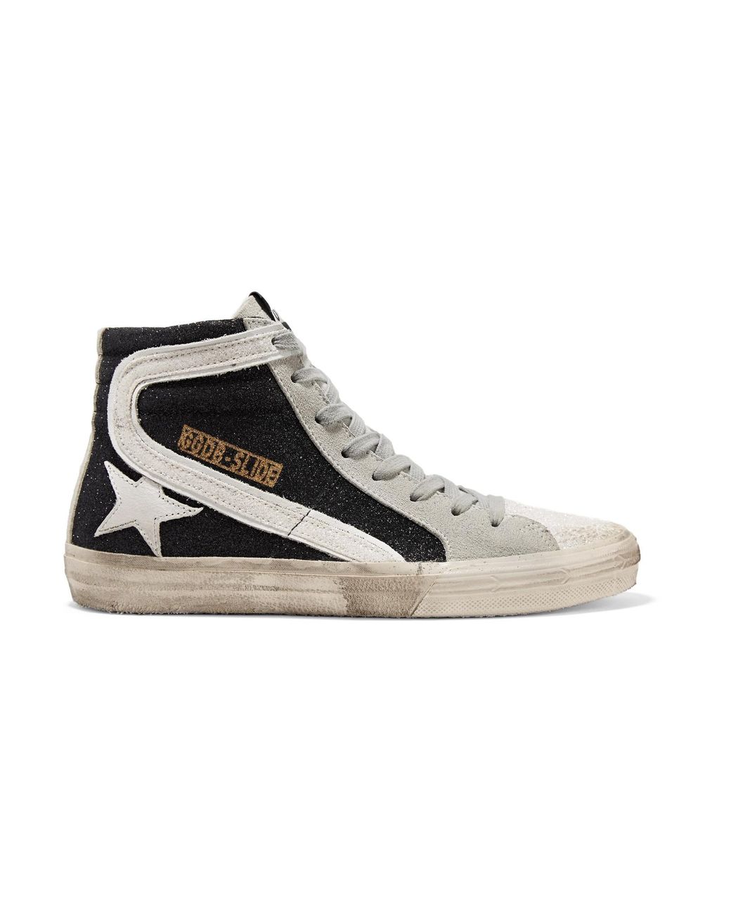 GOLDEN GOOSE Slide embellished distressed glittered leather and suede high-top  sneakers