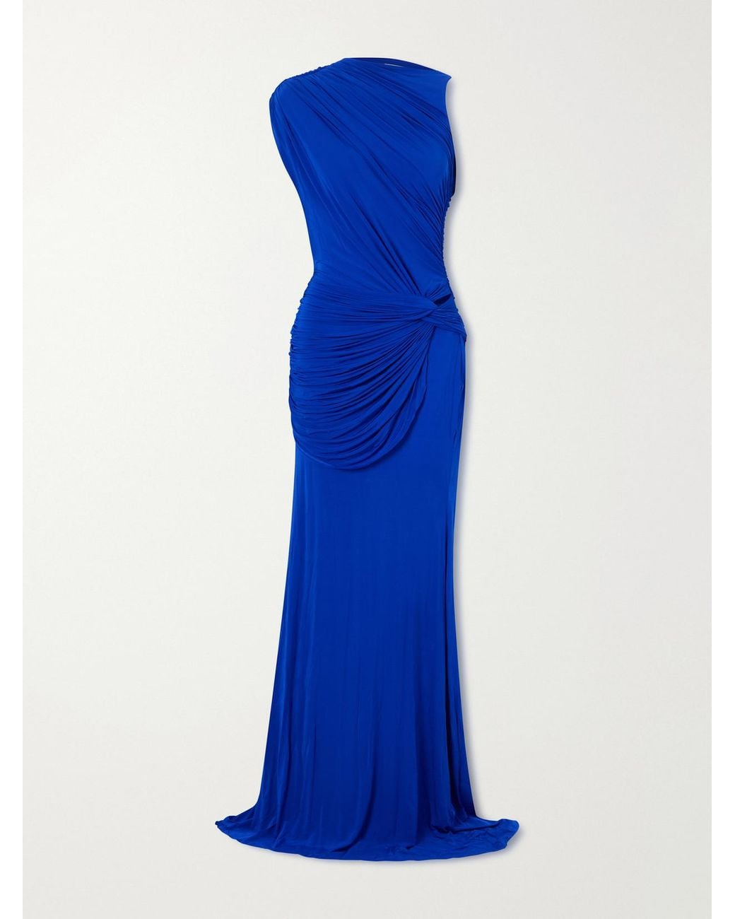 Alex Perry Blue Asymmetric Gathered Stretch-Jersey Gown