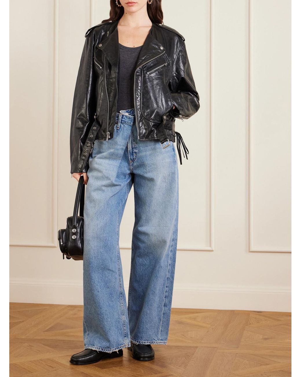 R13 Black Belted Embellished Leather Biker Jacket