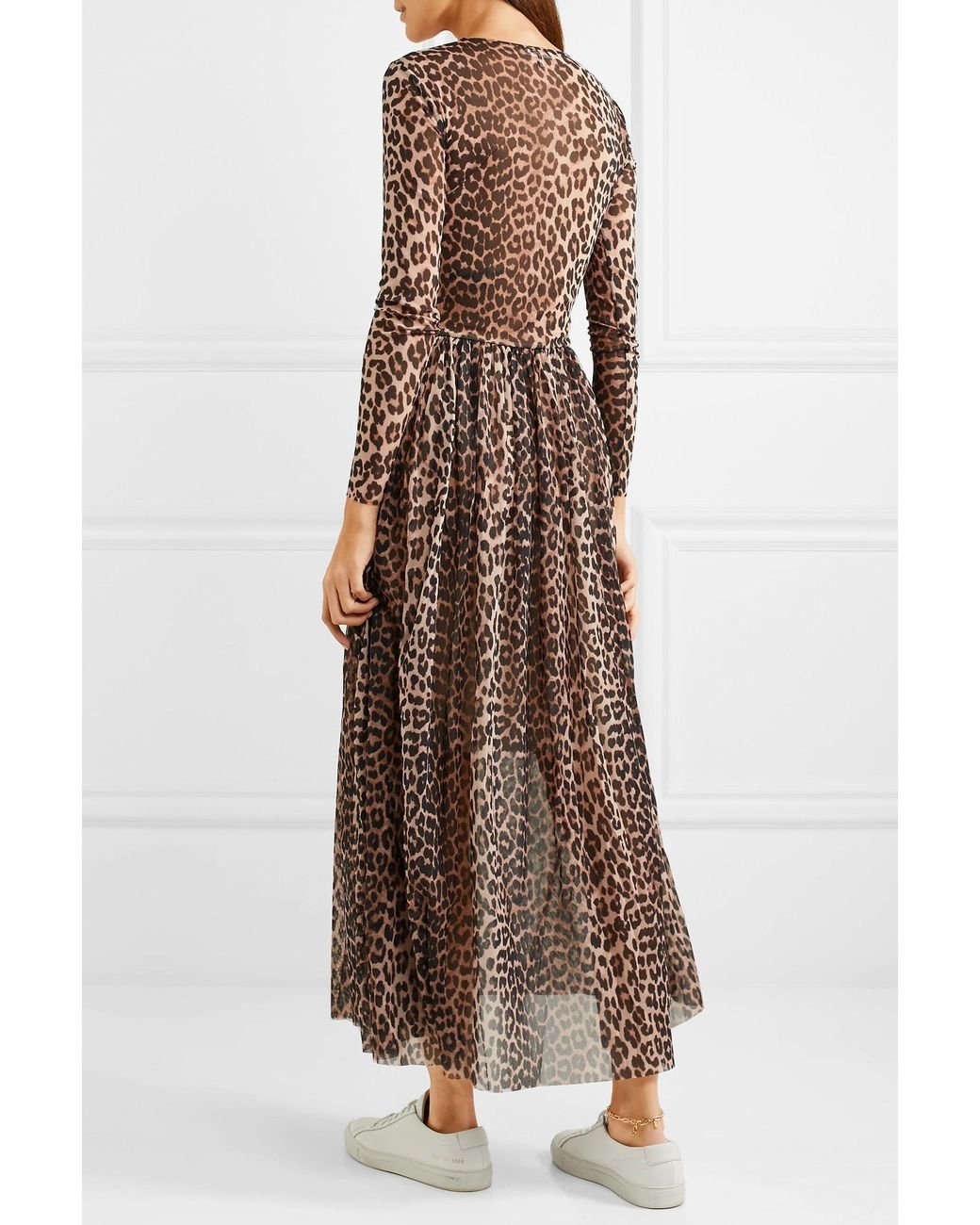 Ganni Tilden Leopard-print Stretch-mesh Dress in Brown | Lyst