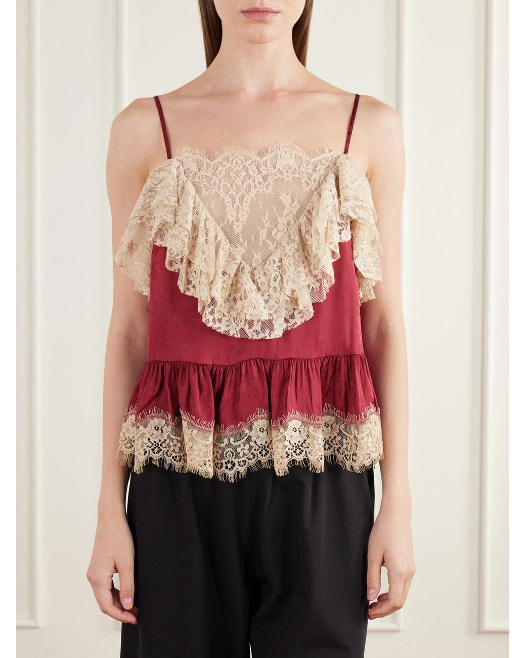 Sea Red Ethel Ruffled Lace-Trimmed Floral-Jacquard Satin Cami