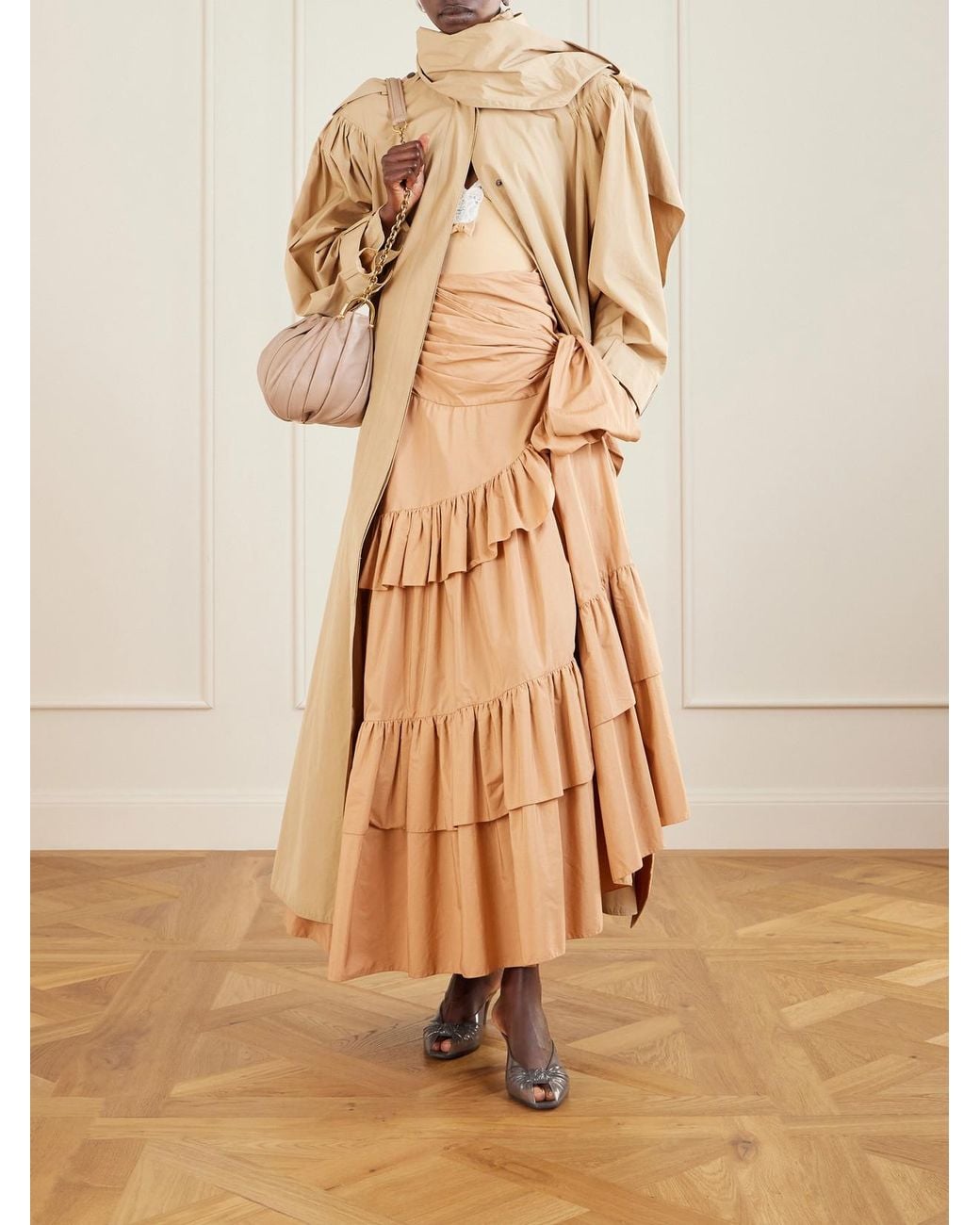 Chloé Natural Bow-Detailed Ruffled Organic Cotton-Poplin Midi Skirt