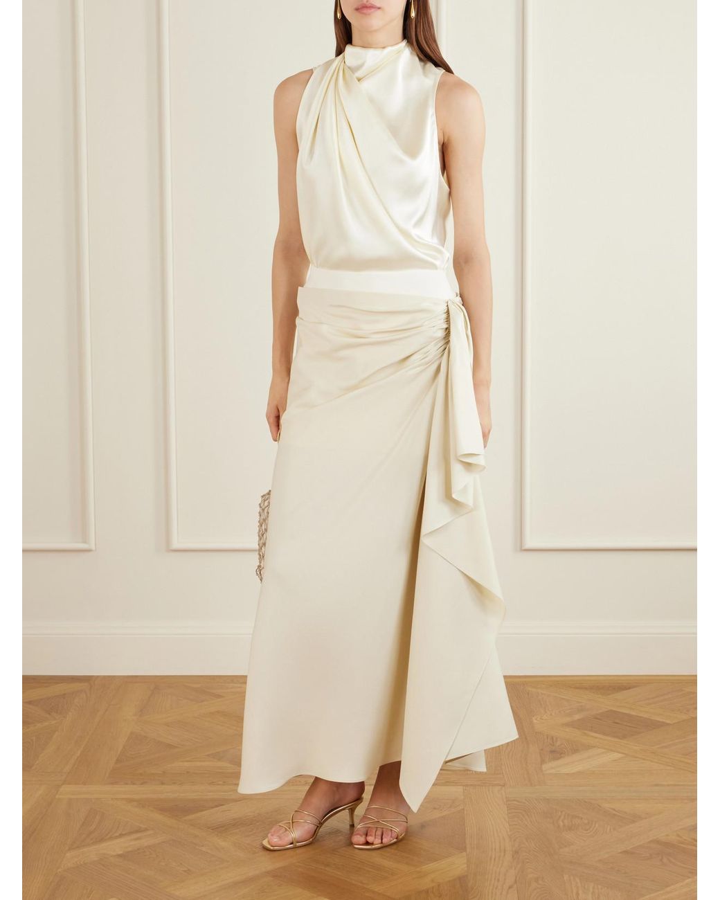 Heirlome Natural Liliana Gathered Silk-Twill Midi Skirt