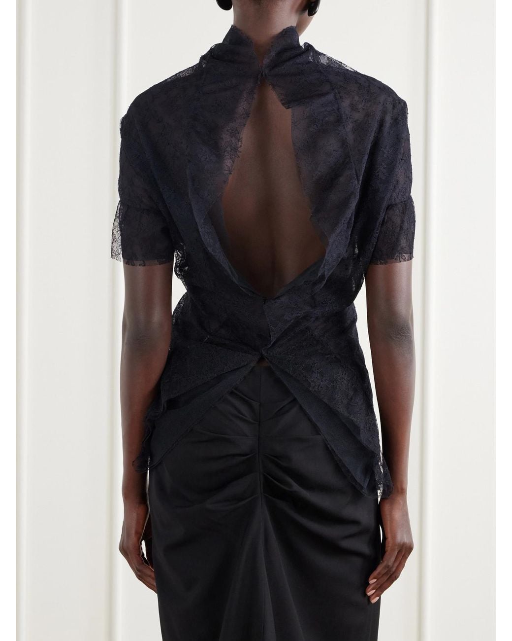 Colleen Allen Black Draped Ruffled Lace Blouse