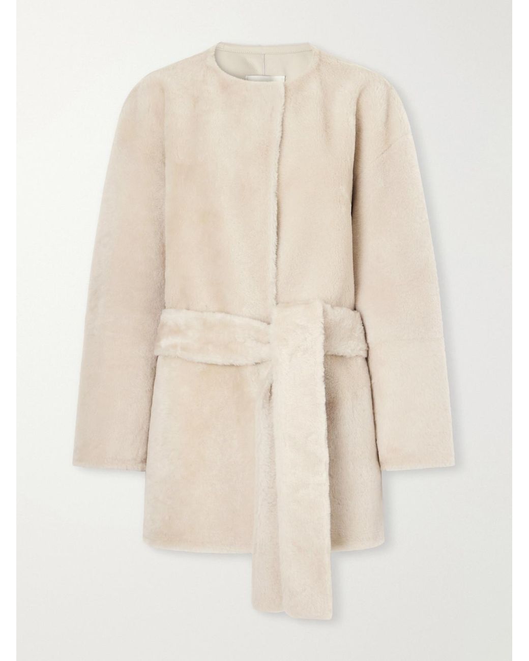 Almala Natural Sasha Collarless Belted Shearling Coat