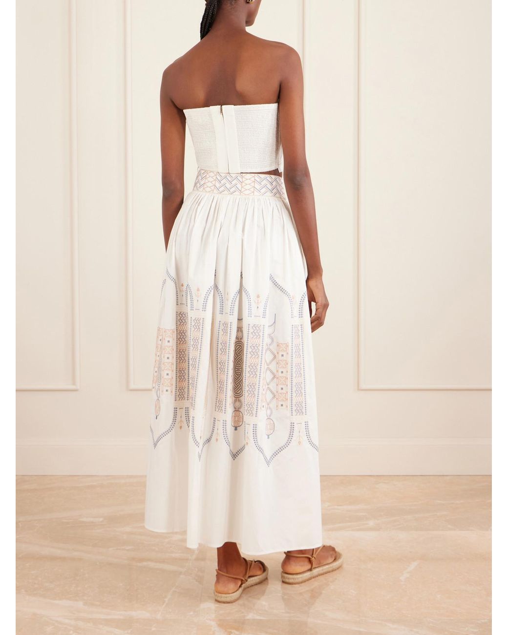 Emporio Sirenuse Natural Ombretta Embroidered Cotton-Blend Poplin Midi Skirt