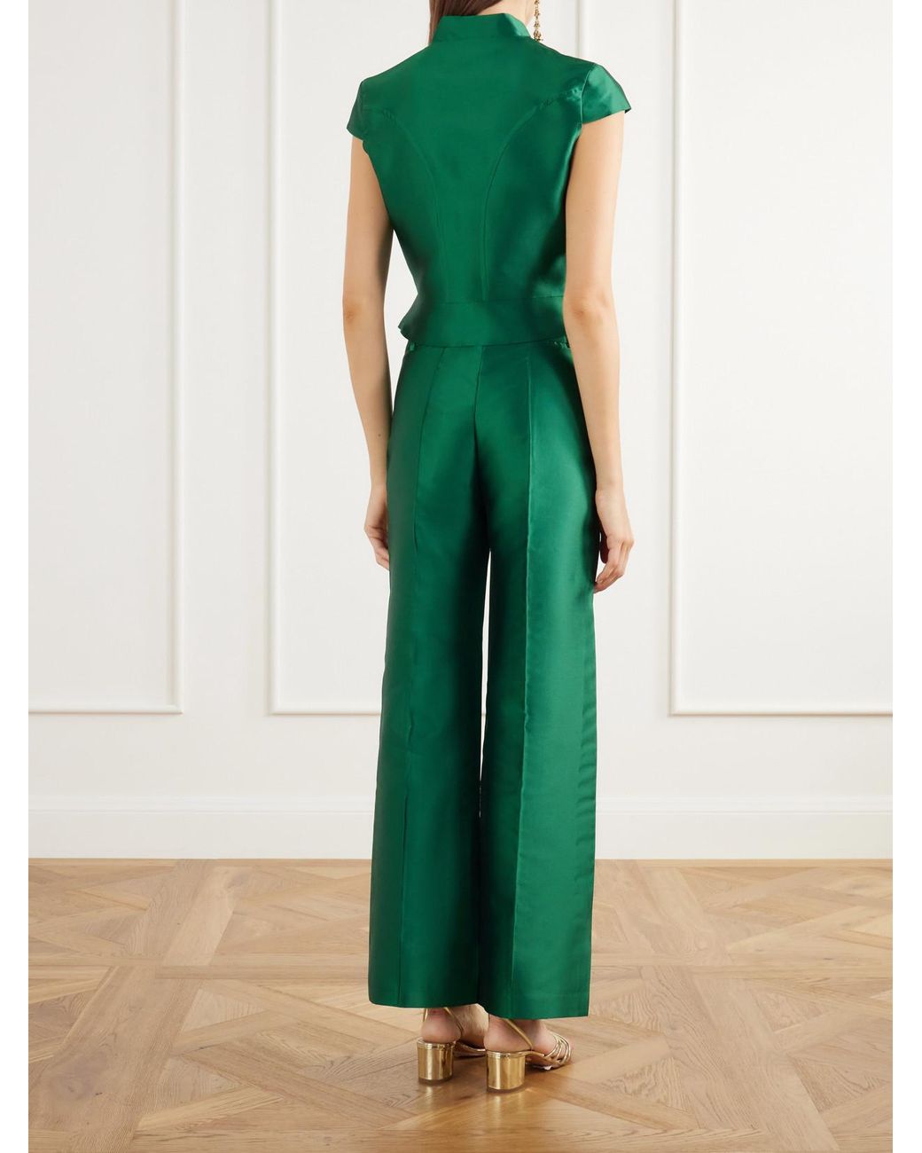 D'Estree Green Amoako Peplum Paneled Taffeta Blouse