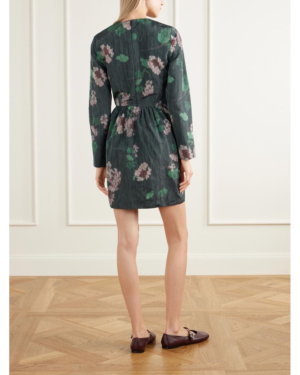 BERNADETTE Gray Lennie Gathered Floral-Print Taffeta Mini Dress