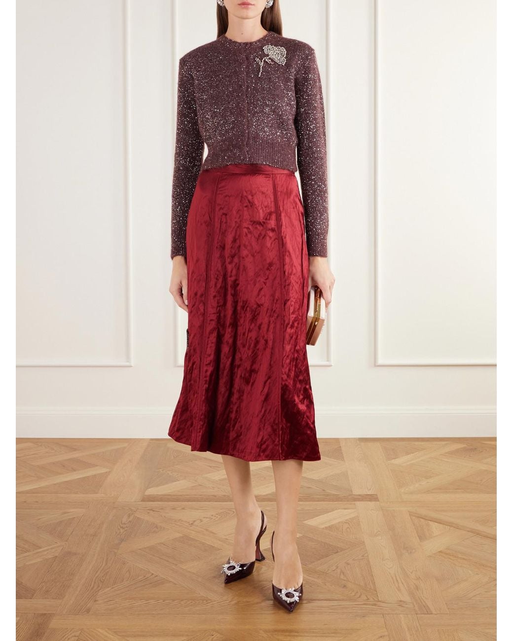 Erdem Red Crystal-Embellished Crinkled-Satin Midi Skirt