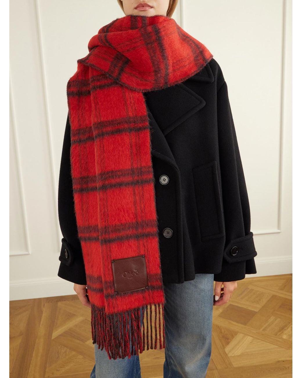 Chloé Red Logo-Debossed Fringed Checked Leather-Trimmed Alpaca And Wool-Blend Scarf