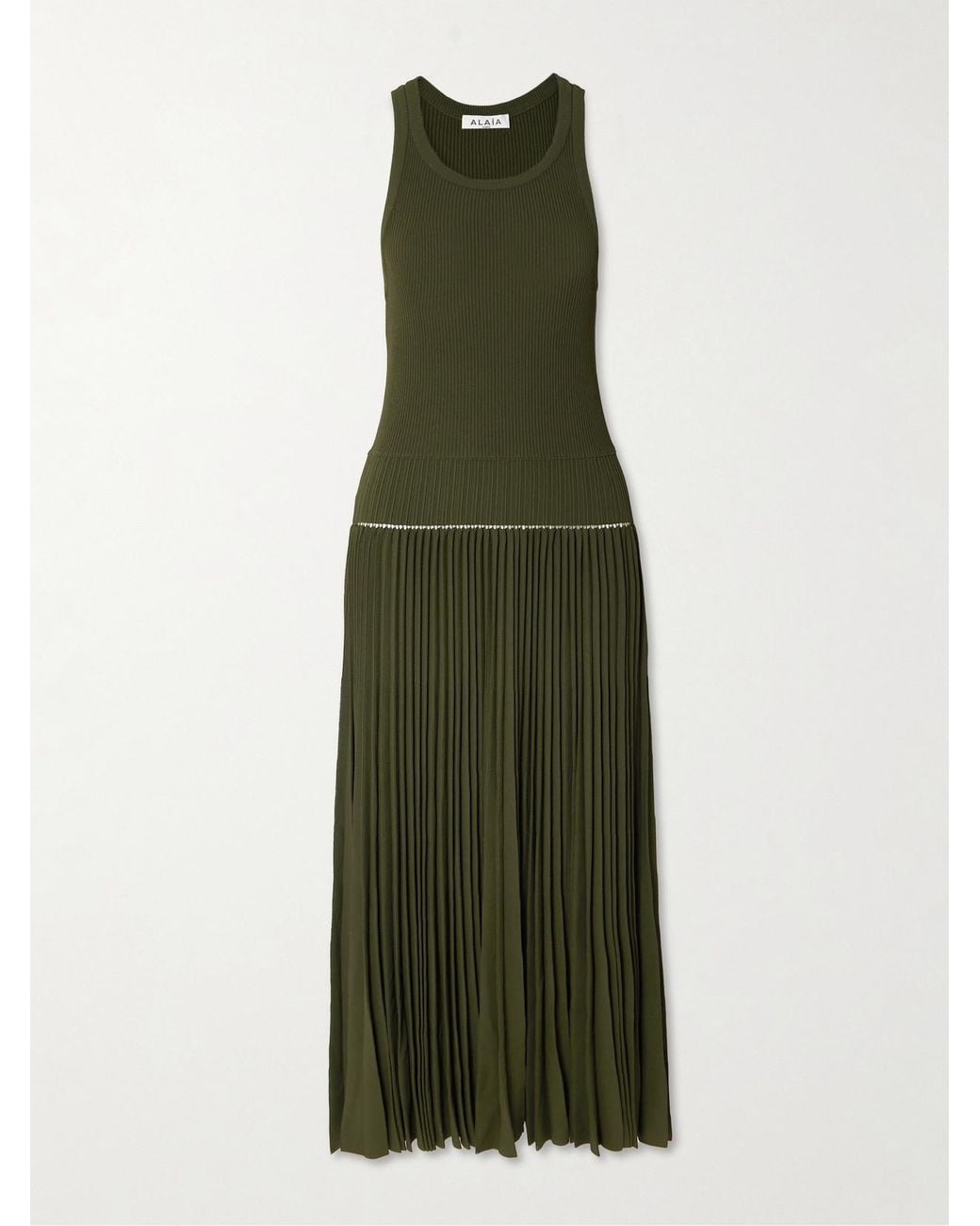 Alaïa Green Pleated Pointelle-Trimmed Ribbed-Knit Midi Dress