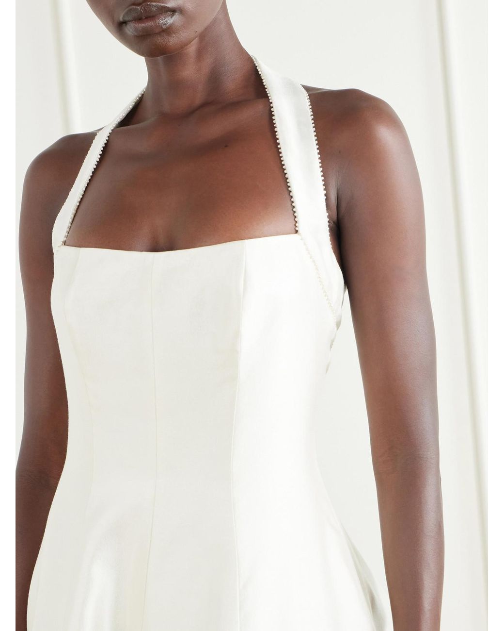 Danielle Frankel White Liz Halterneck Beaded Wool And Silk-Blend Twill Bustier Gown