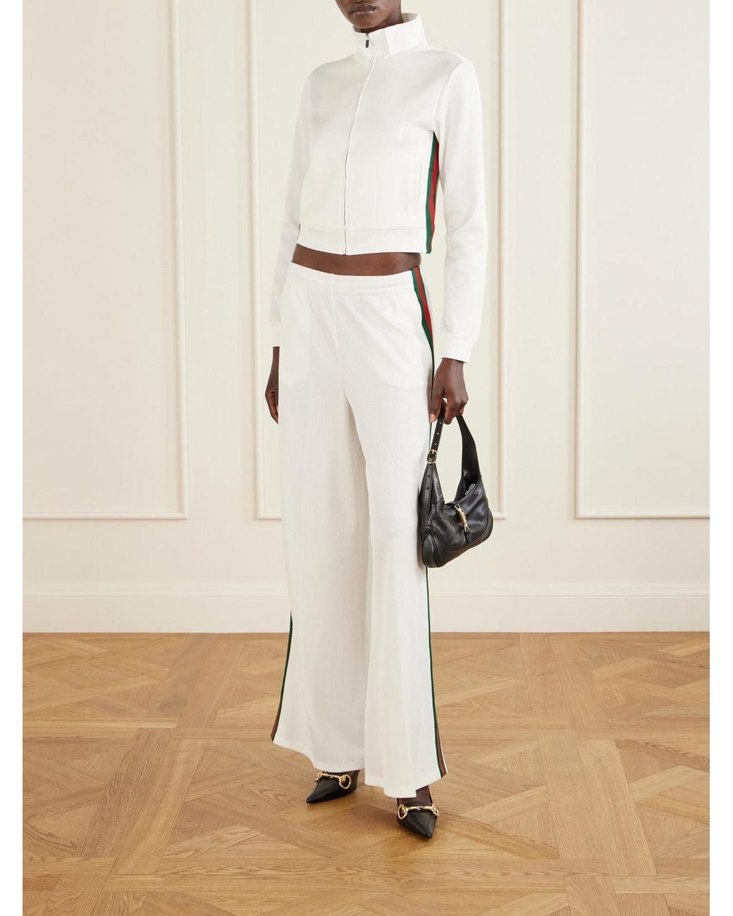 Gucci White Webbing-Trimmed Ribbed Zip-Up Jacket