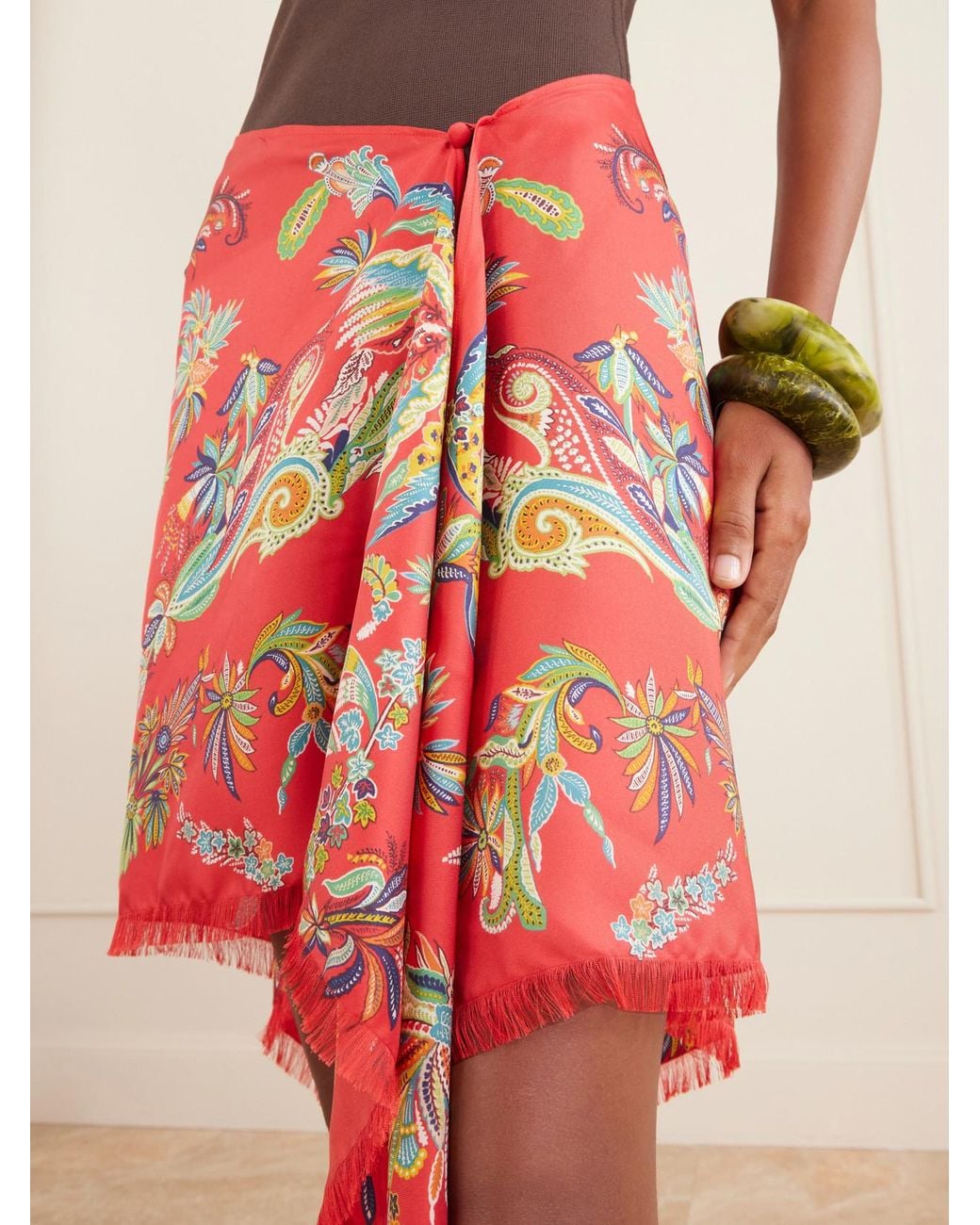 Etro Red Frayed Printed Twill Pareo