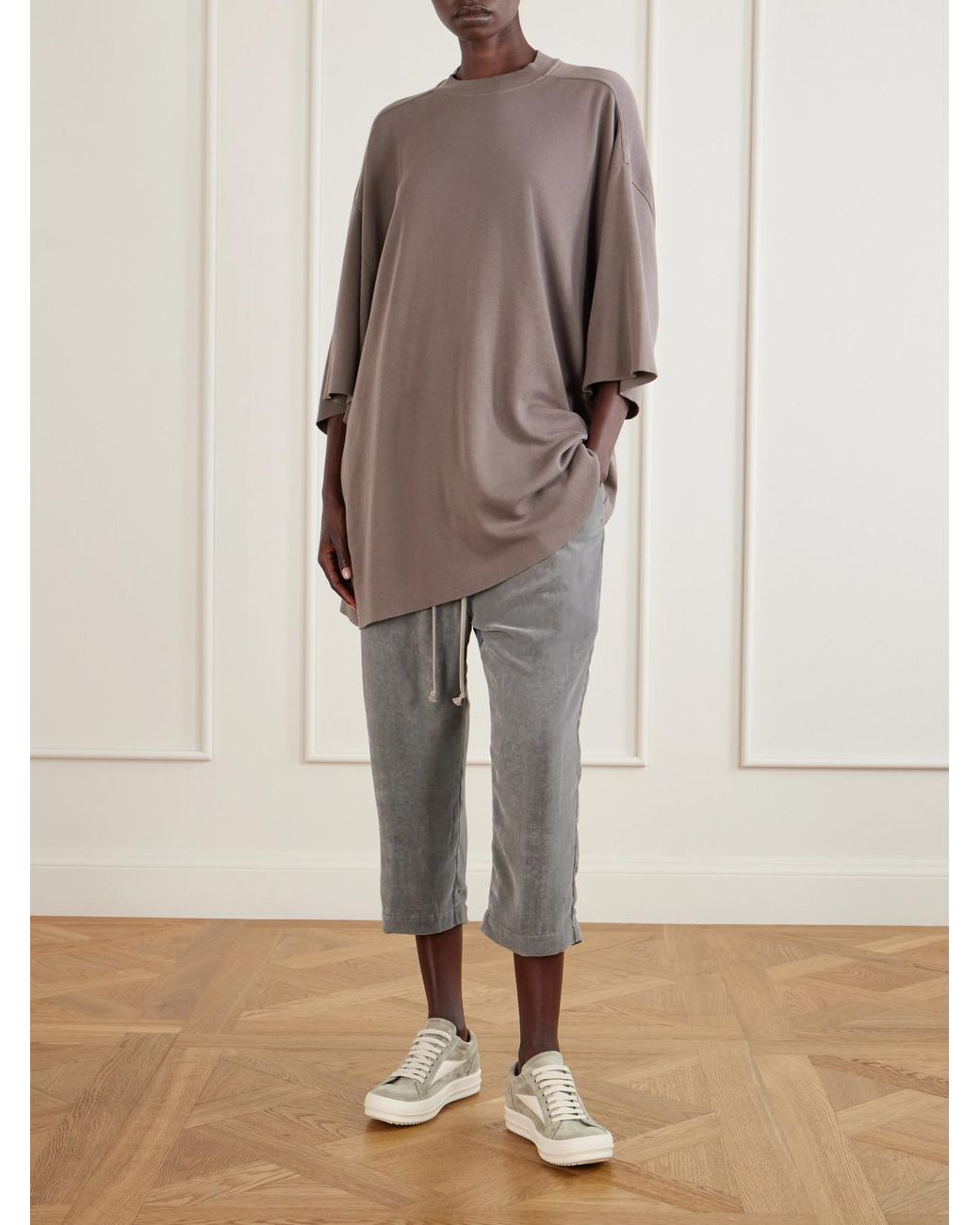 Rick Owens Gray Astaires Cropped Velvet Mid-Rise Tapered Pants