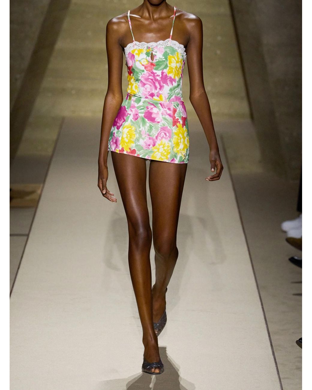 Chloé Gray Lace-Trimmed Floral-Print Swimsuit