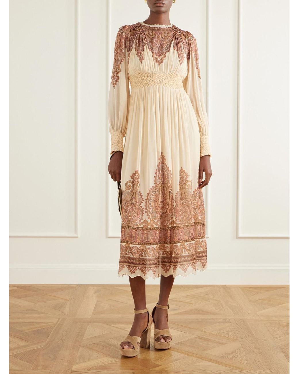 Zimmermann Natural Ascent Smocked Printed Georgette Midi Dress