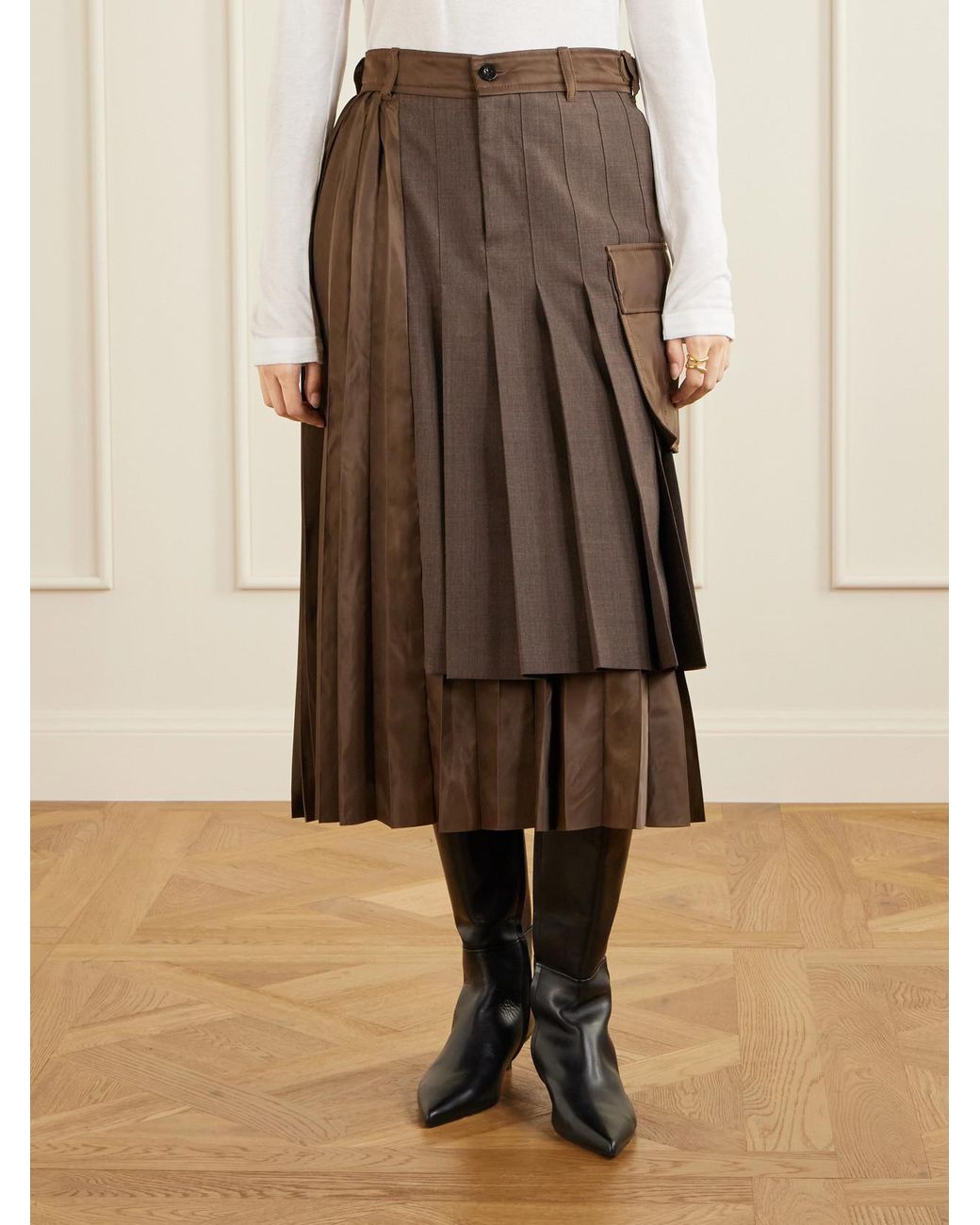 Sacai Natural Pleated Twill And Shell Midi Skirt