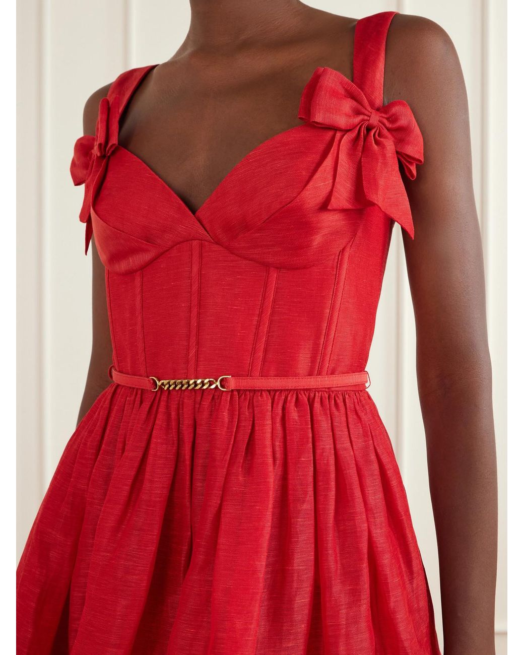 Zimmermann Red Clash Belted Bow-Detailed Linen And Silk-Blend Mini Dress