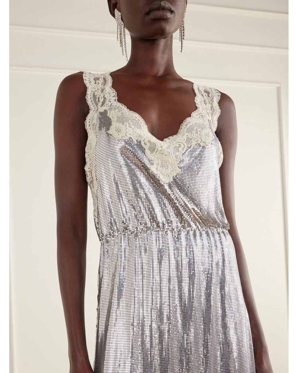 Rabanne White Lace-Trimmed Chainmail Midi Dress
