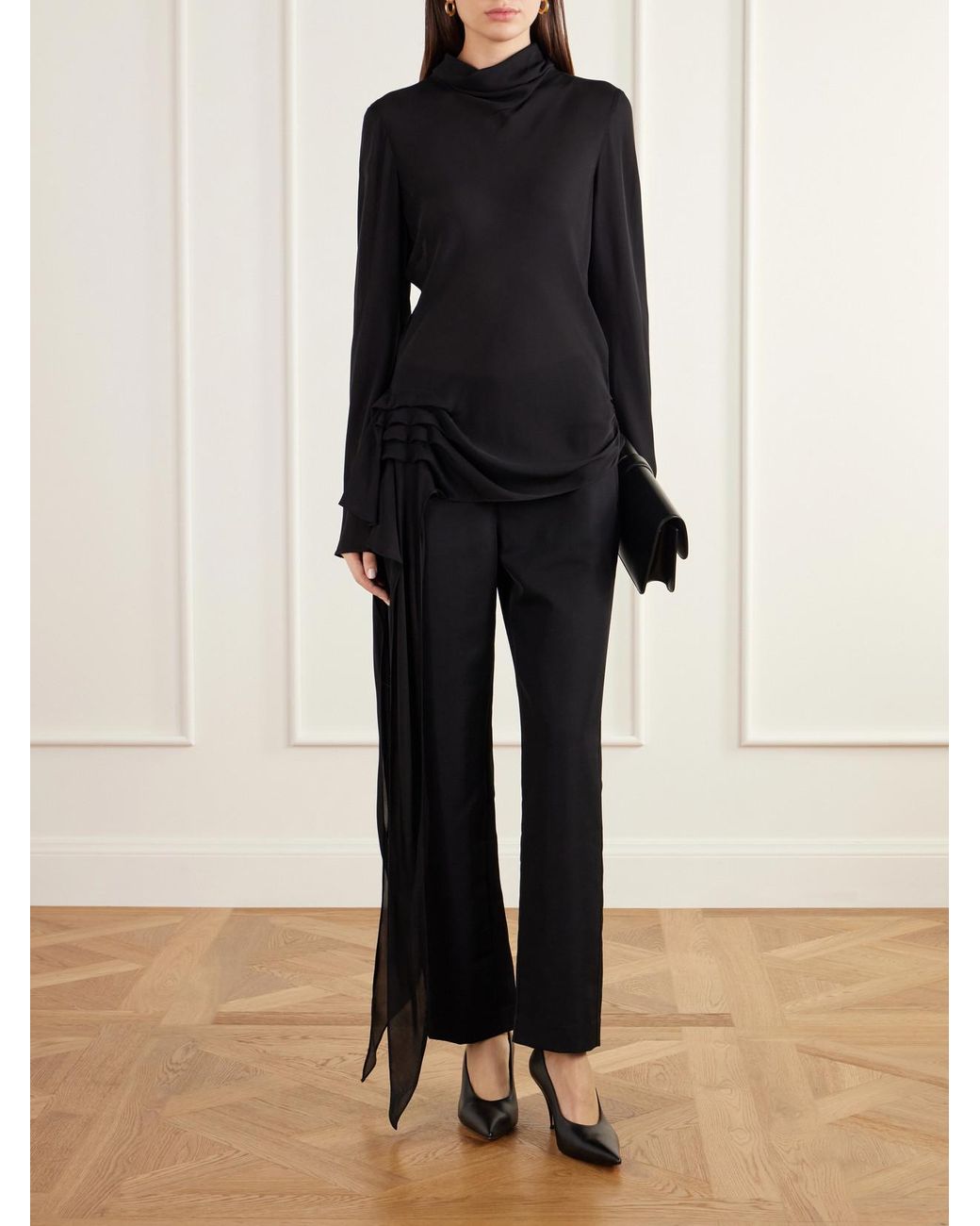 Kallmeyer Black Gathered Silk-Charmeuse Blouse