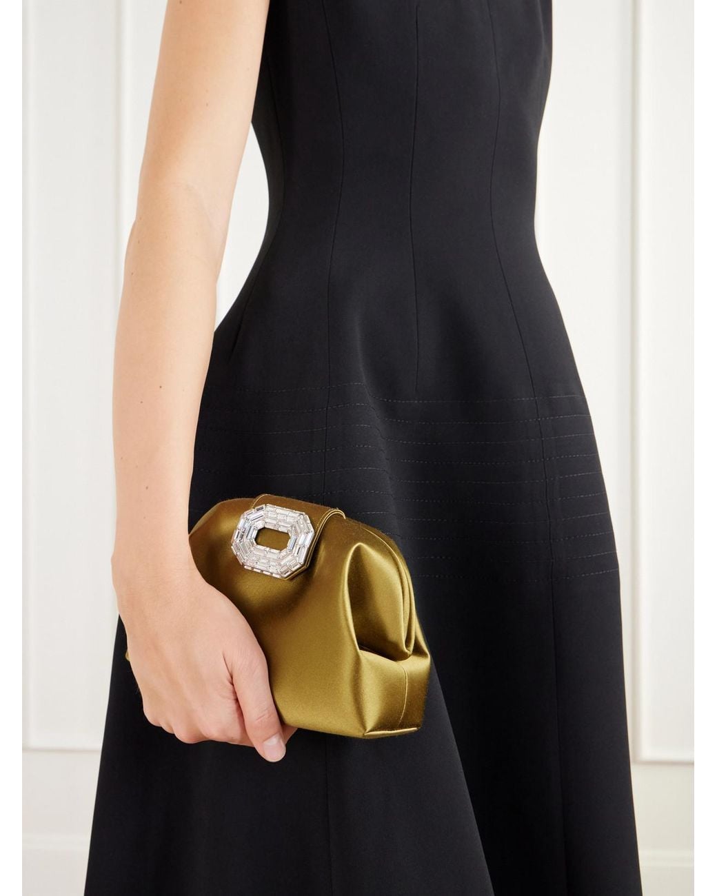 AMINA MUADDI Metallic Camelia Crystal-Embellished Satin Clutch