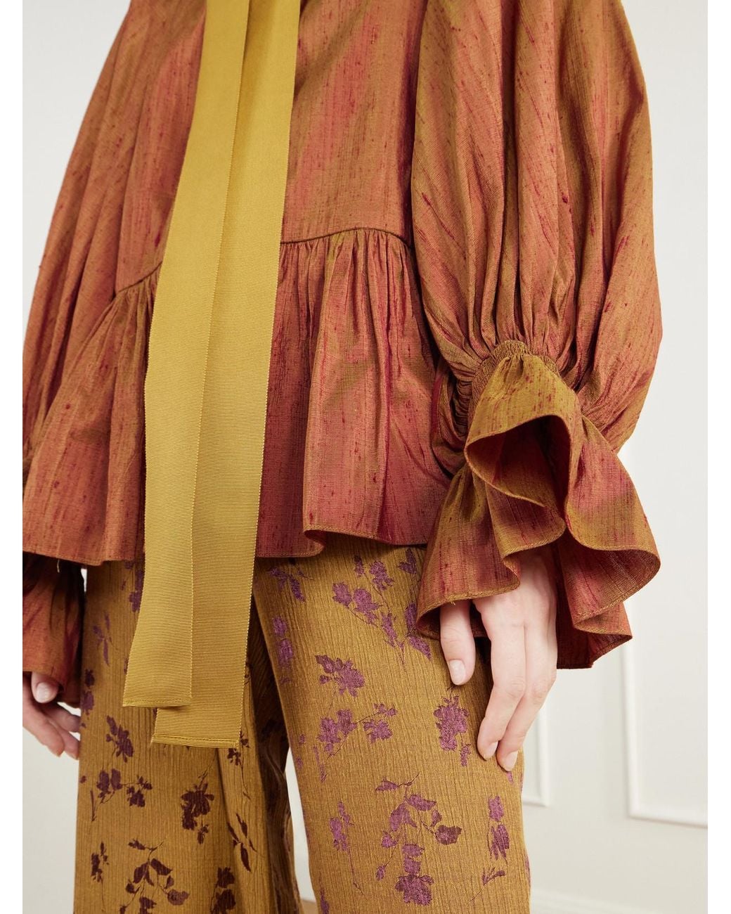 Christopher John Rogers Orange Pussy-Bow Ruffled-Collar Gathered Silk-Dupioni Blouse
