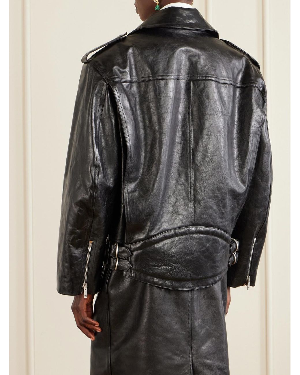 Saint Laurent Black Glossed Textured-Leather Biker Jacket