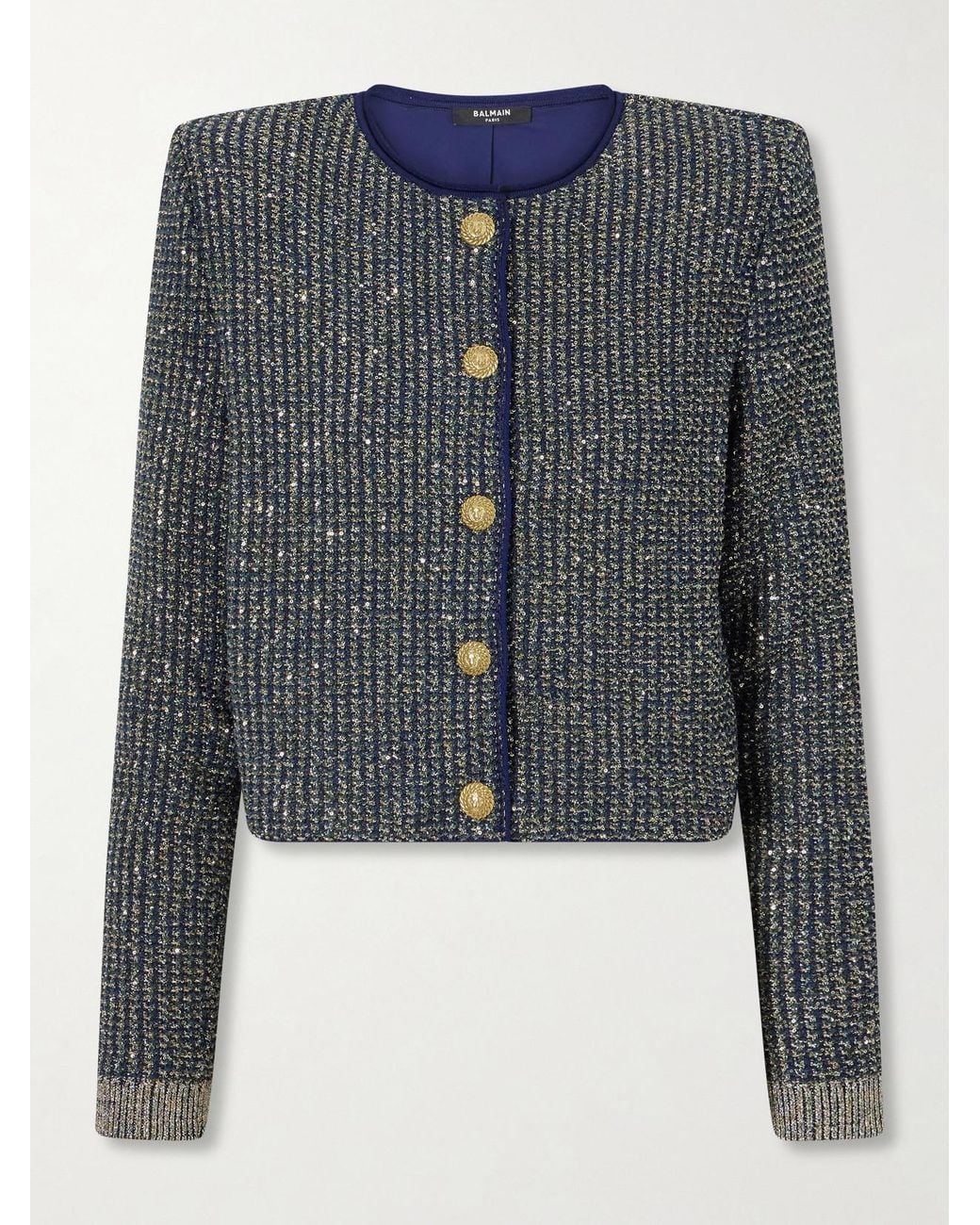 Balmain Blue Metallic-Trimmed Tweed Cardigan