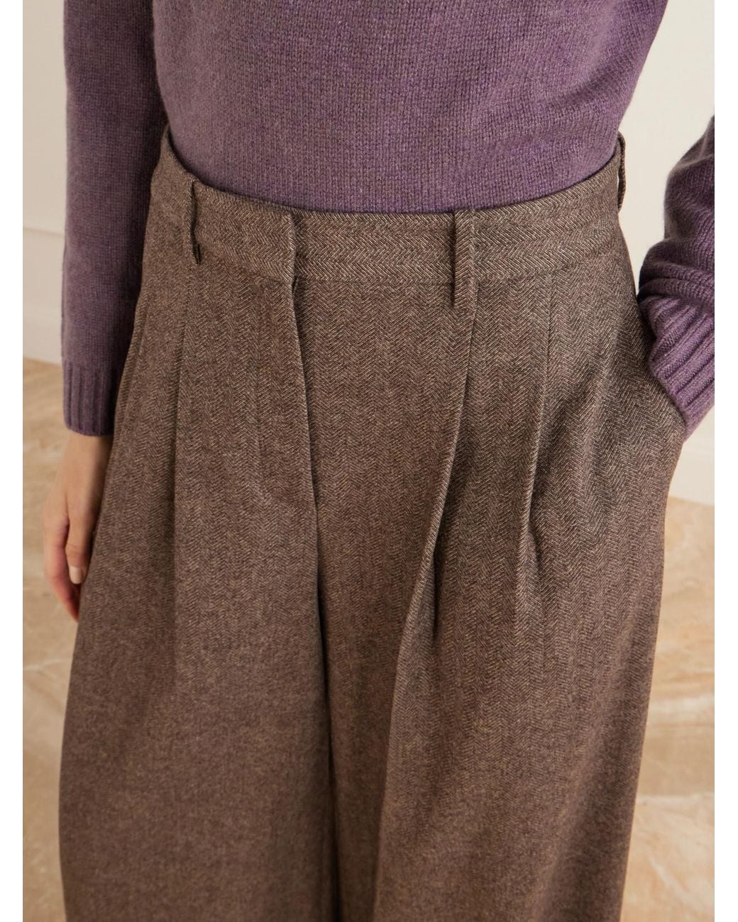 Twp Brown Avery Stretch Wool And Cashmere-Blend Herringbone Wide-Leg Pants