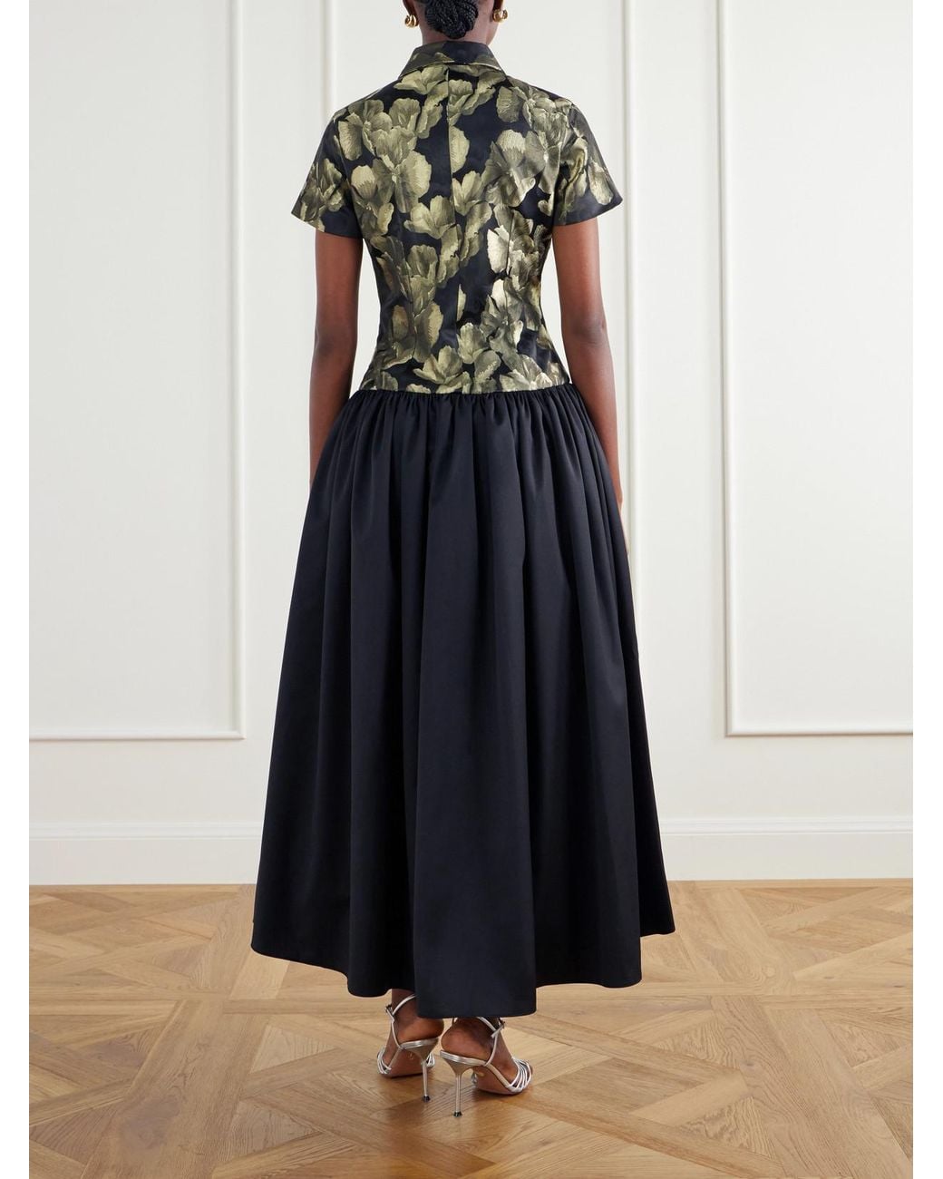 Abadia Black Gathered Floral-Brocade And Twill Midi Dress