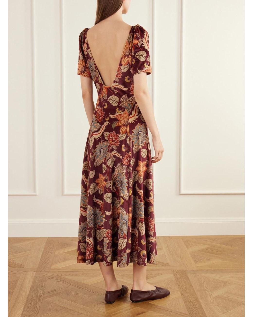 Farm Rio Red Delhi Printed Velvet Midi Dress