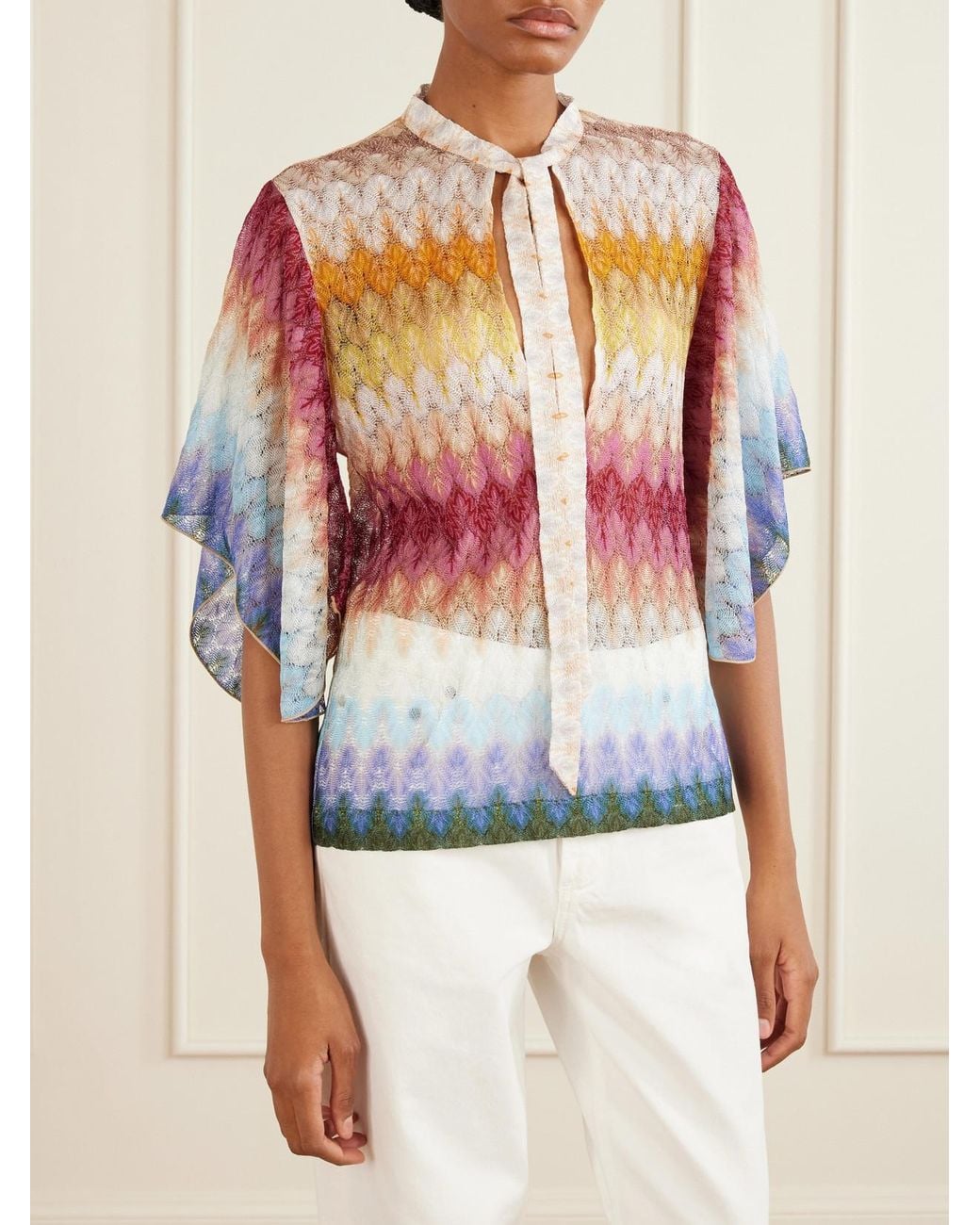 Missoni Gray Tie-Detailed Striped Crochet-Knit Blouse