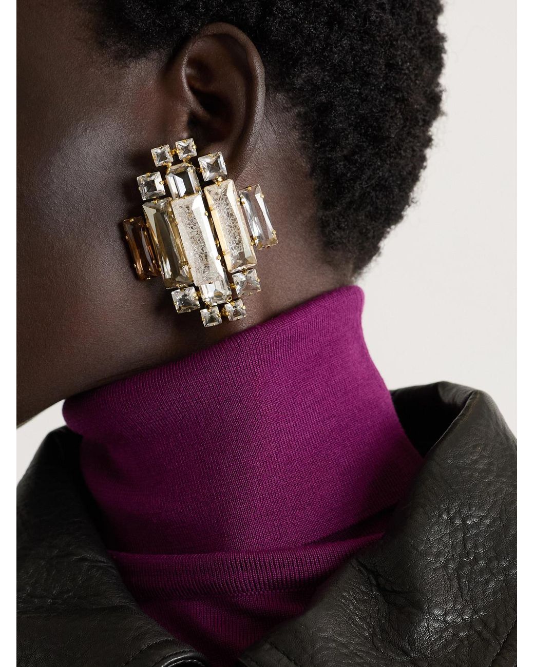 Saint Laurent Natural Oversized-Tone Crystal Clip Earrings
