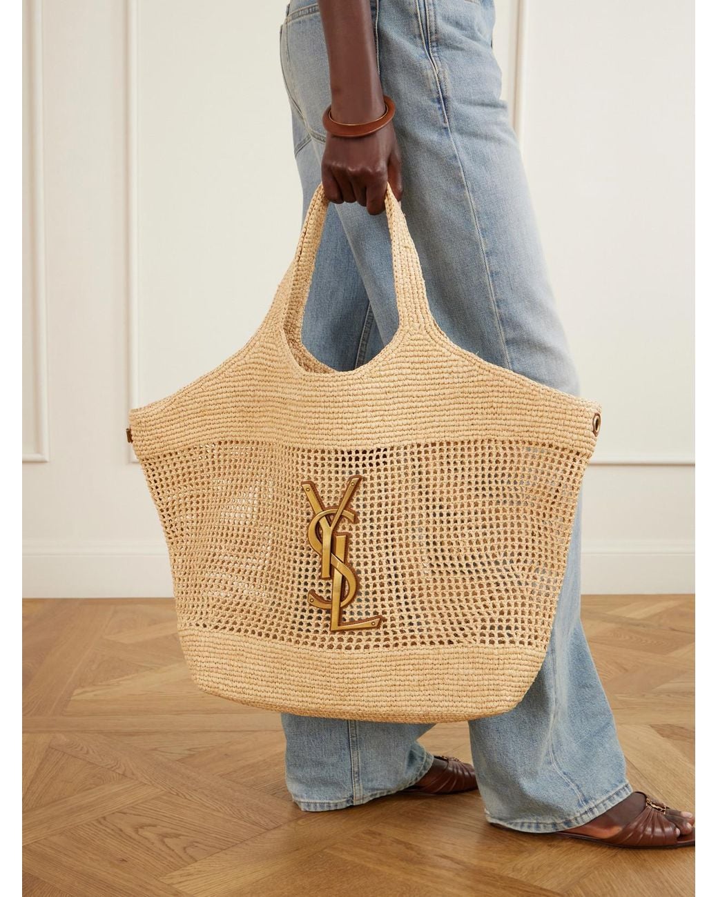 Saint Laurent Natural Icare Maxi Leather-Trimmed Raffia Tote