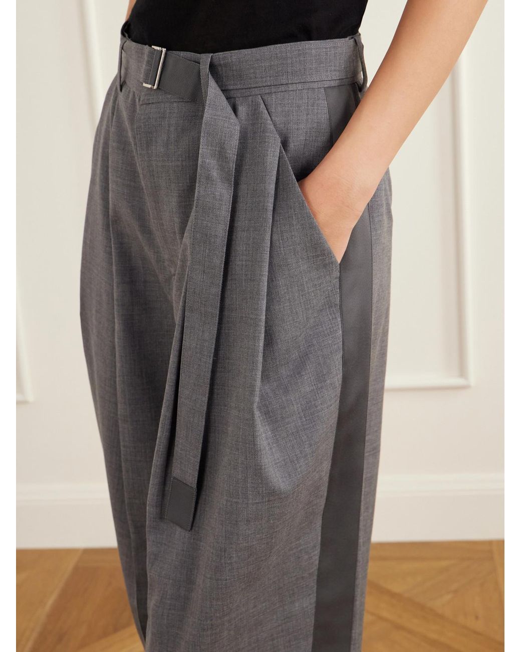 Sacai Gray Belted Pleated Twill Wide-Leg Pants