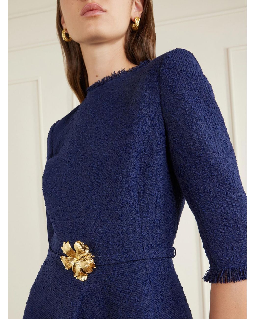 Oscar de la Renta Blue Embellished Tweed Midi Dress