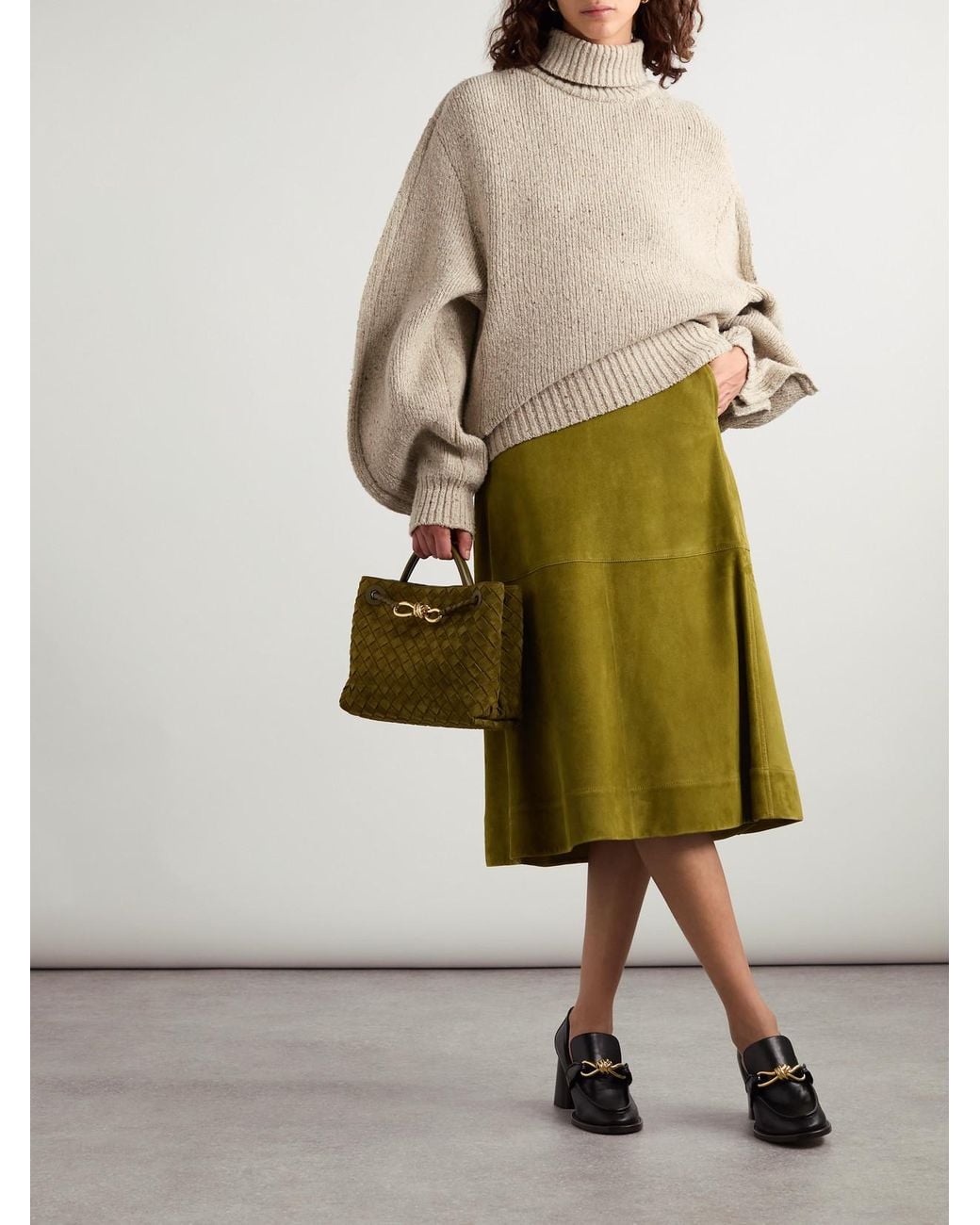Bottega Veneta Green Suede Leather Midi Skirt Clothing