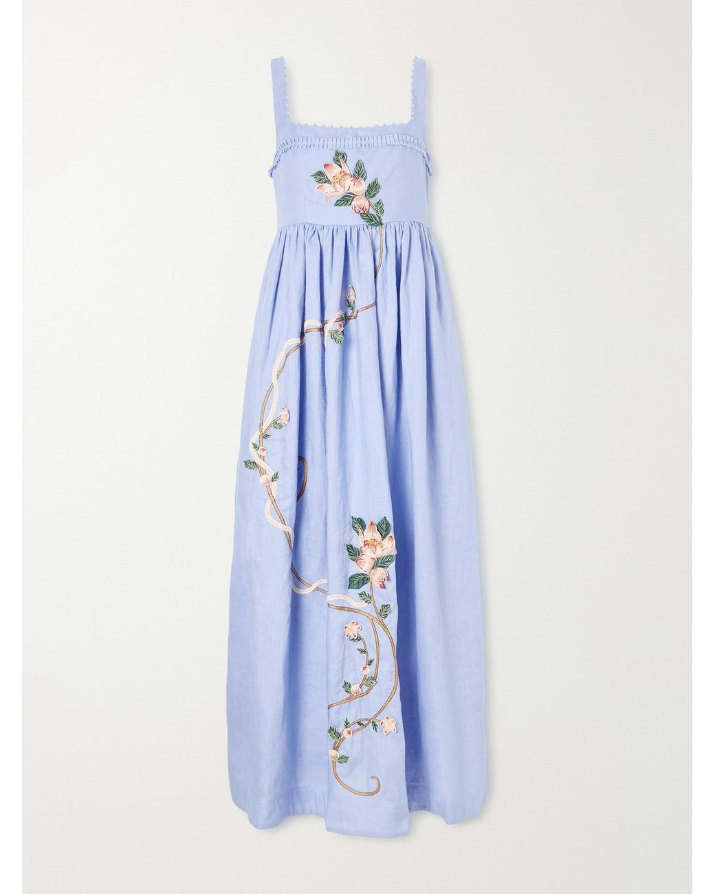 Agua Bendita Blue Barbara Navegante Embellished Appliquéd Linen Maxi Dress