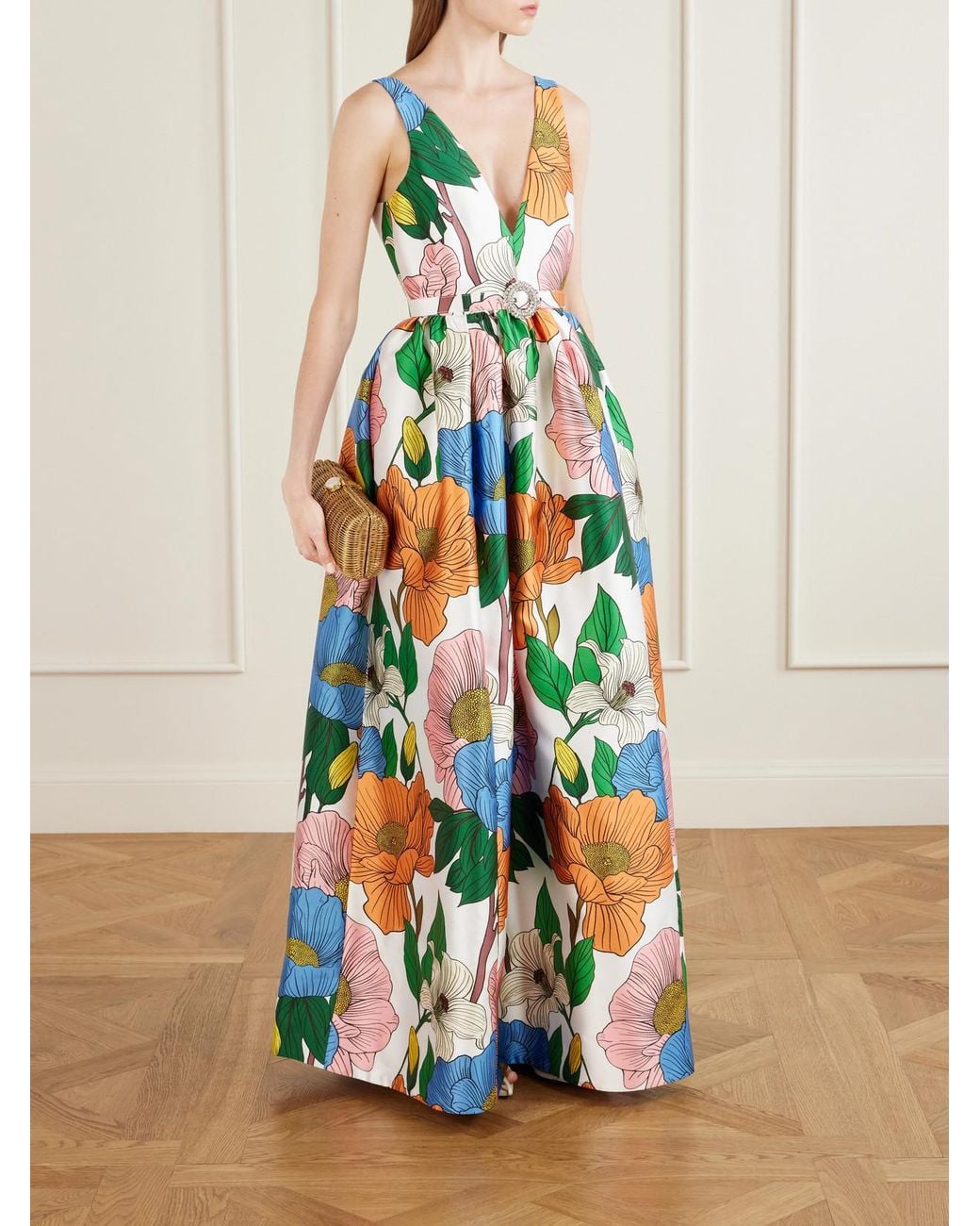 Borgo De Nor White Isabella Belted Floral-Print Taffeta Maxi Dress