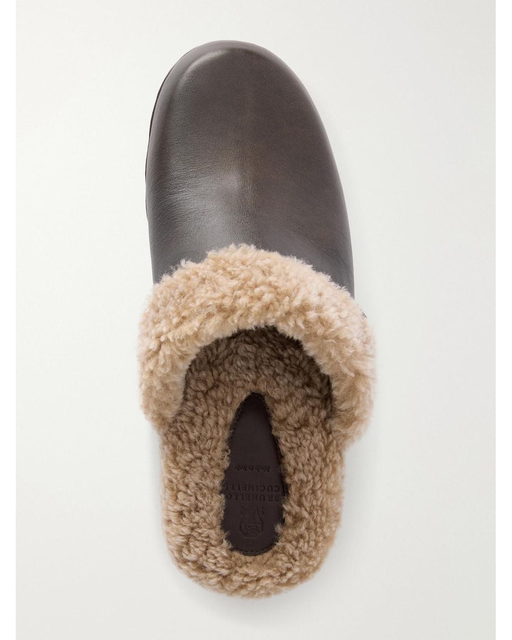 Brunello Cucinelli Brown Monili-Embellished Shearling-Trimmed Leather Clogs