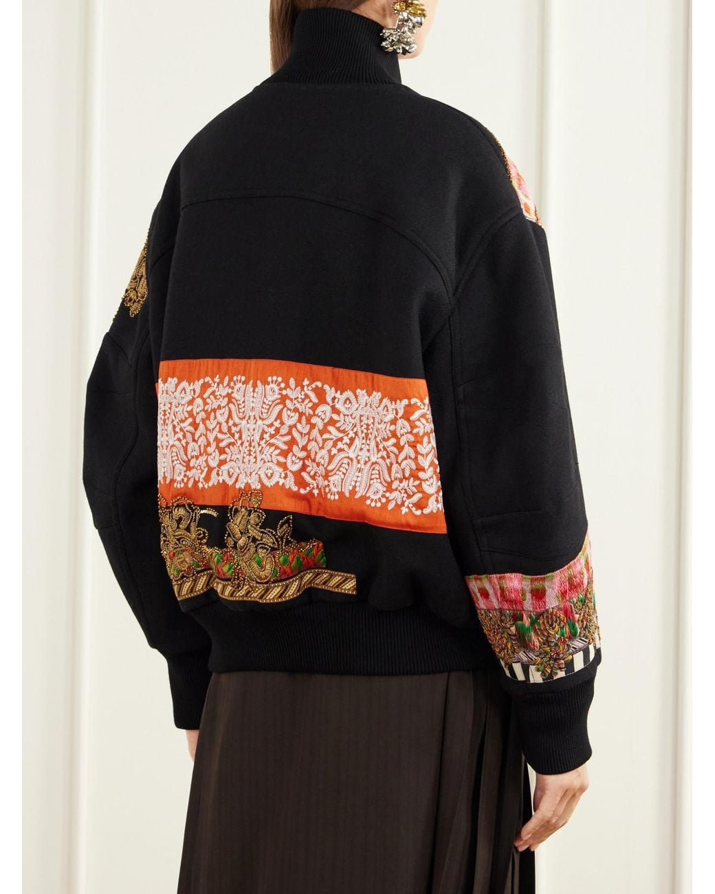 Dries Van Noten Black Embroidered-Embellished Rib-Trimmed Wool-Blend Twill Bomber Jacket