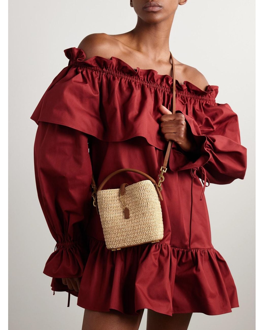 Saint Laurent Natural Le 37 Mini Leather-Trimmed Raffia Bucket Bag