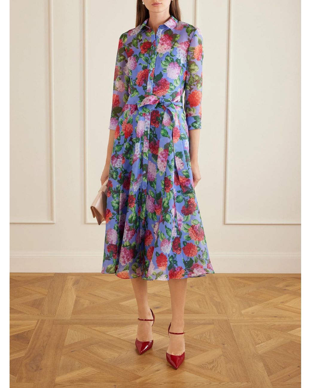 Carolina Herrera Blue Belted Floral-Print Silk-Organza Midi Dress