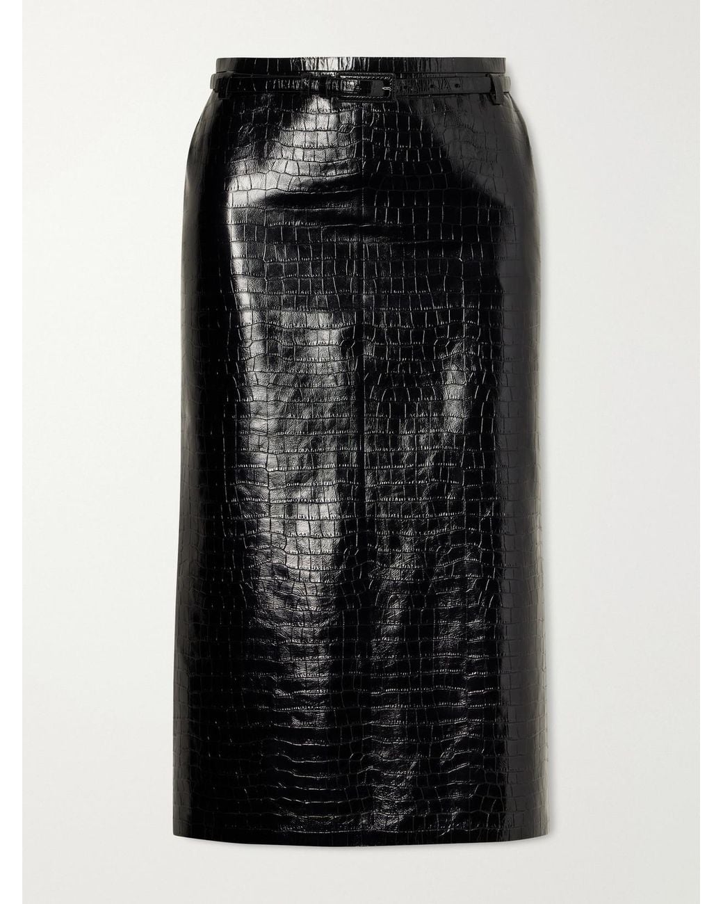 Tom Ford Black Belted Croc-Effect Leather Midi Skirt