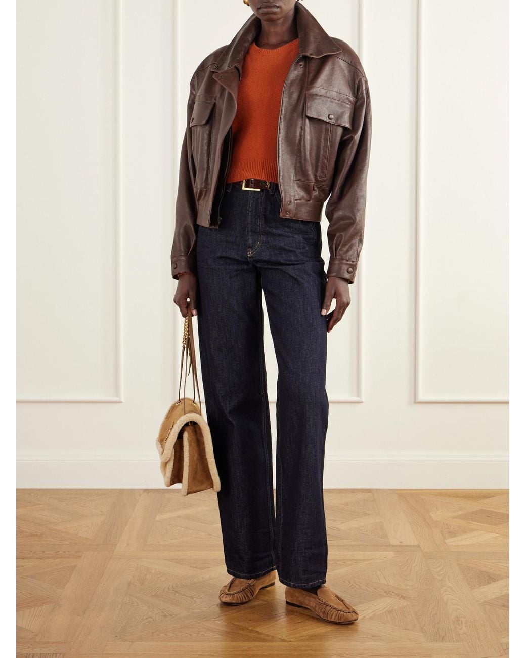 Saint Laurent Brown Loaferino Gathered Suede Ballet Flats