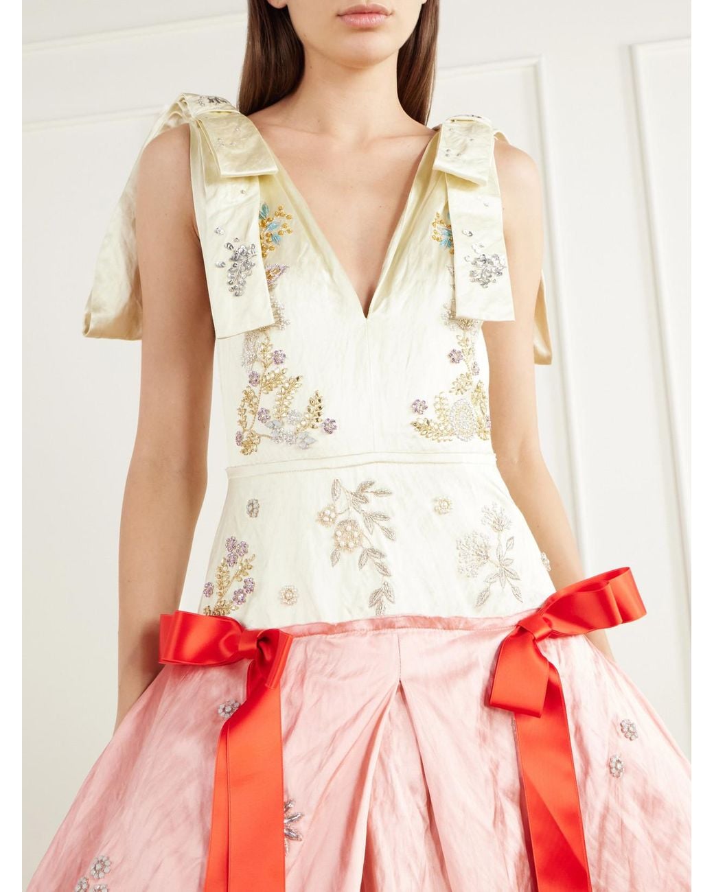 Erdem Red Bow-Detailed Crystal-Embellished Crinkled-Satin Midi Gown