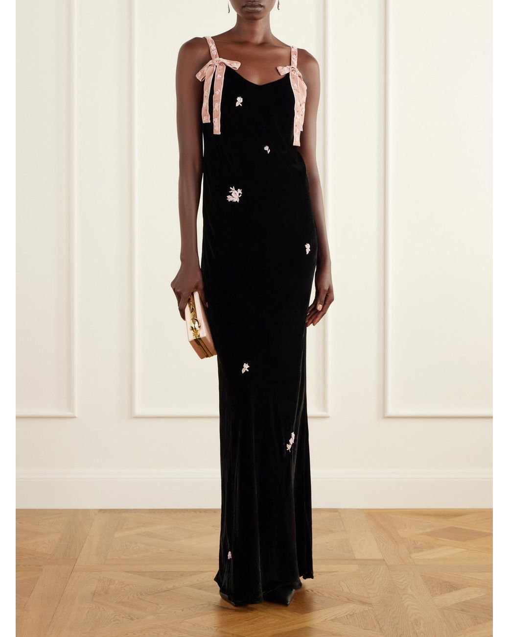 BERNADETTE Black Julie Bead-Embellished Bow-Detailed Velvet Gown