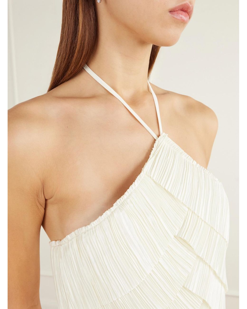 Cult Gaia White Patrizia Bustier Halterneck Tiered Plissé-Satin Midi Dress